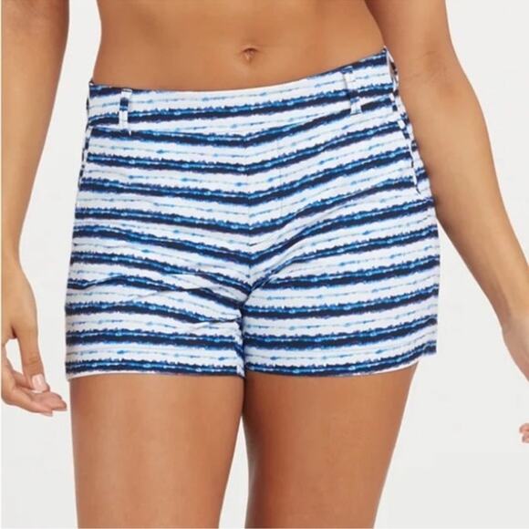 SPANX Pants - Spanx Sunshine 4" UPF50 Mid Rise Pull On Striped Shorts Blue White Size 2X NEW
